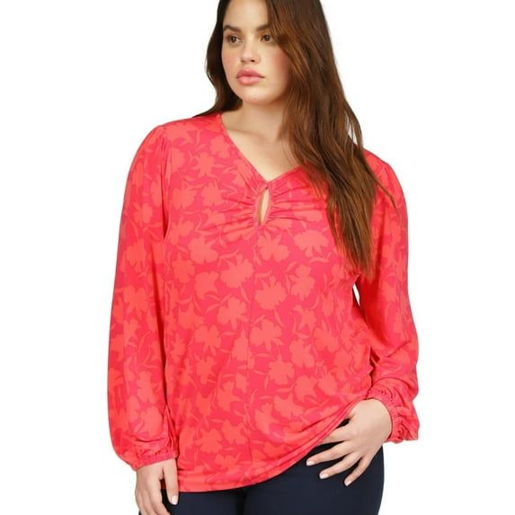 Michael Kors Womens Tonal Printed Key Hole Knit Blouse, Red, Plus Size, 3X