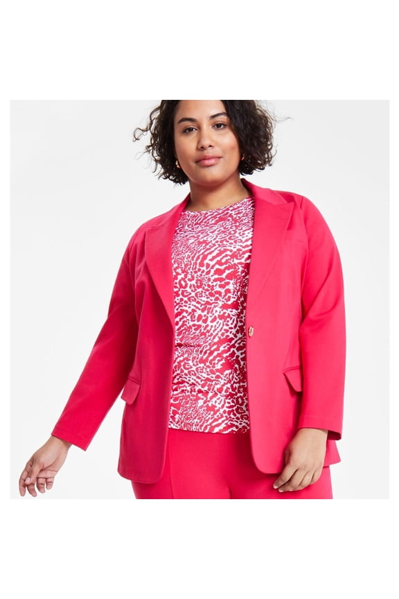 Womens Knit One Button Blazer Jacket, Pink, Plus Size, 2X
