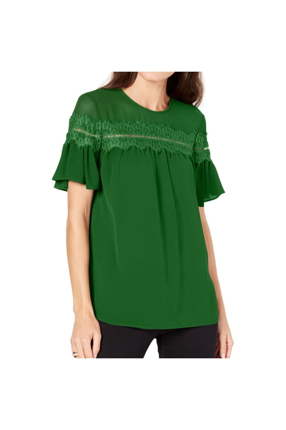 Womens Lace Trim Peplum Blouse, Green, XX-Small
