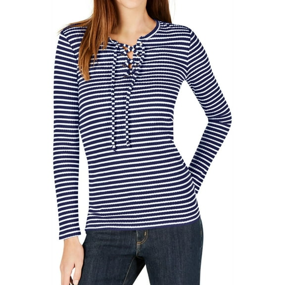Michael Kors Womens Lace Up Pullover Blouse, Blue, X-Large