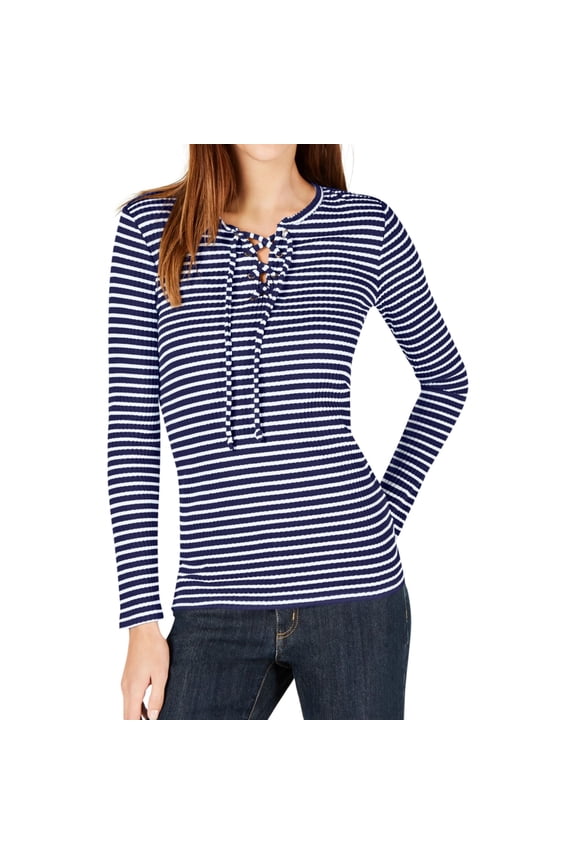 Womens Lace Up Pullover Blouse, Blue, X-Large