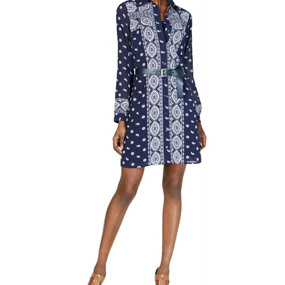 Michael Kors Womens Paisley Printed Shirt Dress, Blue, Large