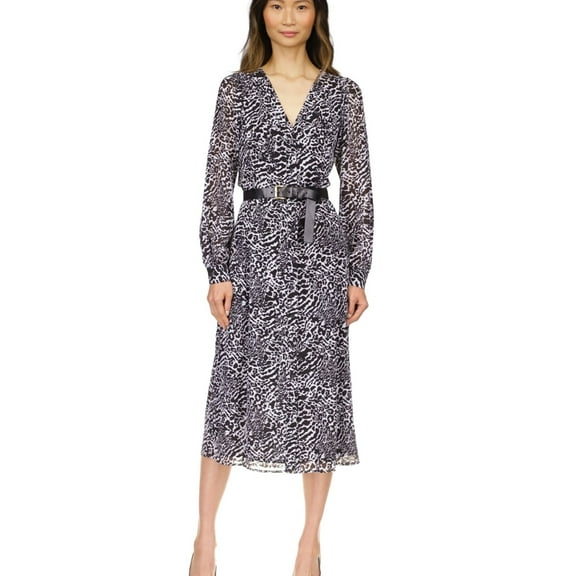 Michael Kors Womens Ocelot Kate Printed Belted Flounce Dress, Black, Petite, PM