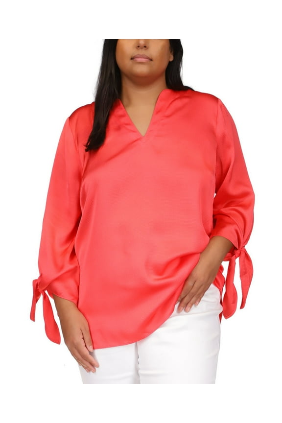 Womens Plus Size Solid Satin Tie Top, Geranium, 0X