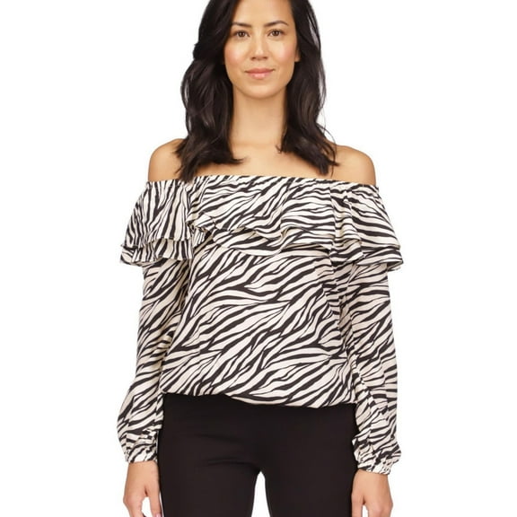 Michael Kors Womens Printed Animal Ruffled Overlay Off the Shoulder Blouse, Black, X-Small