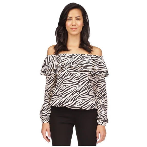 Michael Kors Womens Printed Stadium Ruffle Off the Shoulder Blouse, Black, Petite, PL