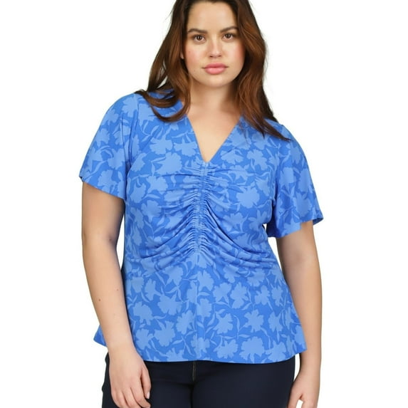 Michael Kors Womens Ruched Flutter Sleeve Knit Blouse, Blue, Plus Size, 3X
