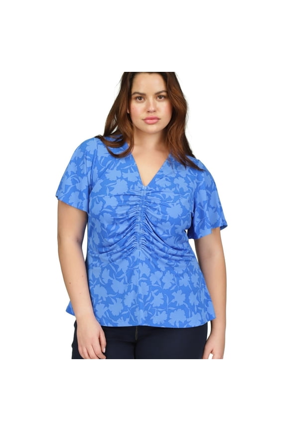 Womens Ruched Flutter Sleeve Knit Blouse, Blue, Plus Size, 3X