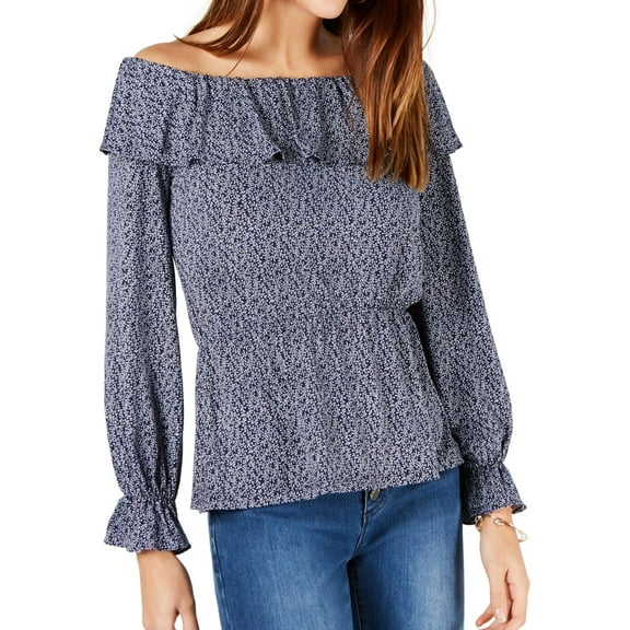 Michael Kors Womens Ruffle Pullover Blouse, Blue, Petite, PS