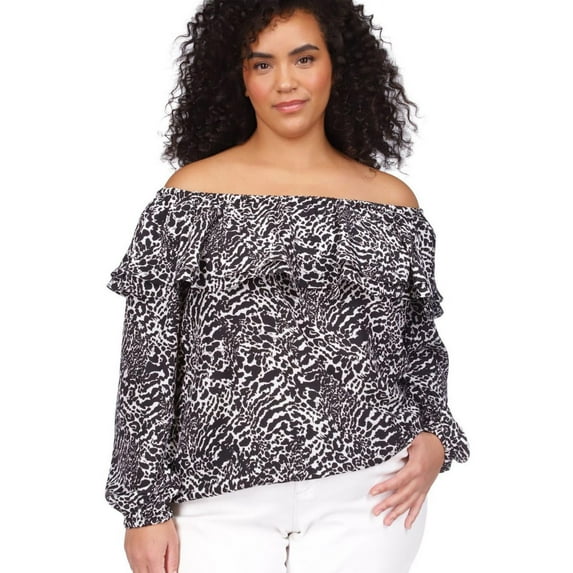 Michael Kors Womens Ruffle Trim Pullover Blouse, Black, Plus Size, 3X