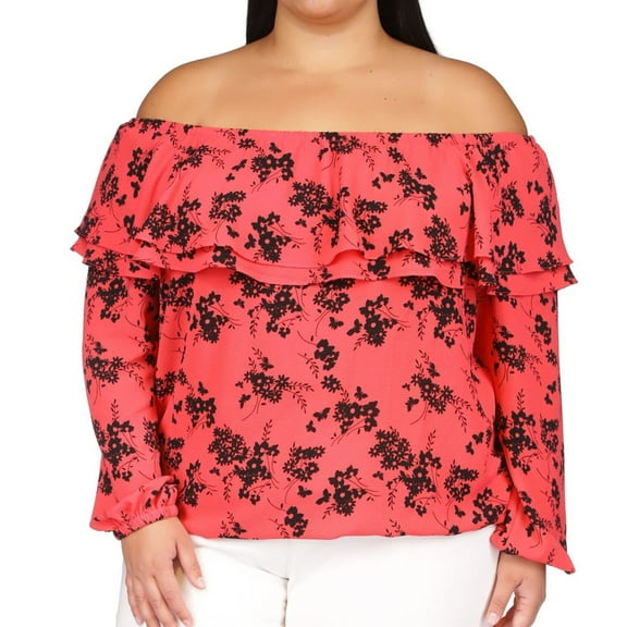 Michael Kors Womens Ruffled Trim Off the Shoulder Blouse, Pink, Plus Size, 1X