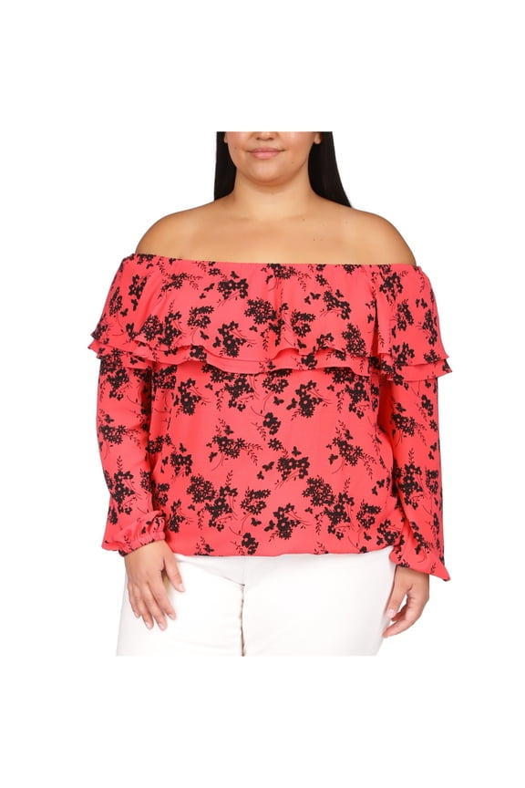 Womens Ruffled Trim Off the Shoulder Blouse, Pink, Plus Size, 1X