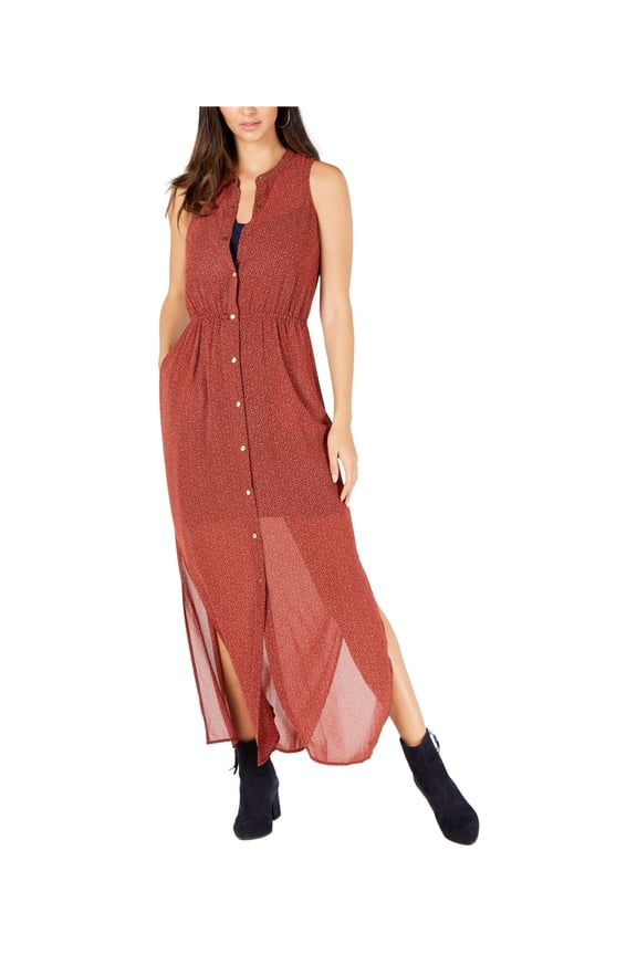 Womens Sleeveless Shirt Dress, Orange, Petite, P