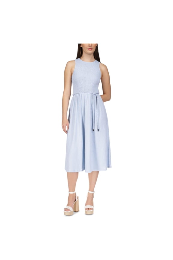 Womens Smocked Midi Dress, Blue, Petite, PM