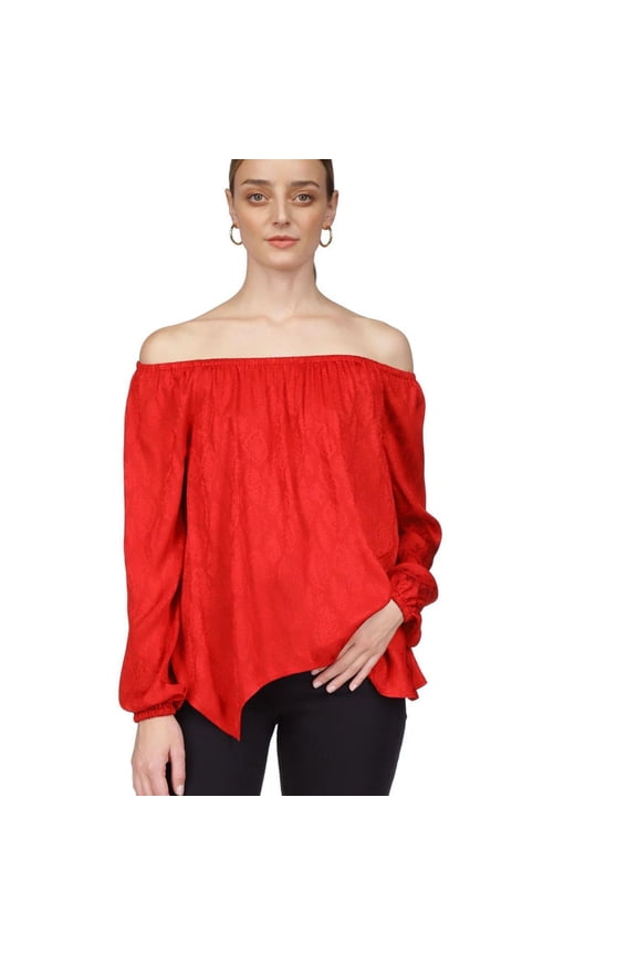 Womens Snake Tonal Off the Shoulder Blouse, Red, Petite, PXL
