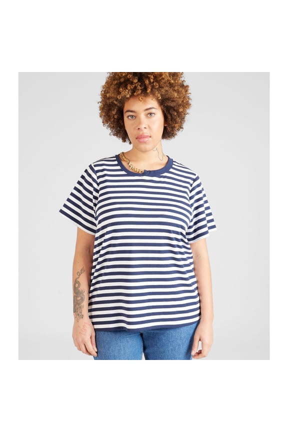 Womens Stripe Chain Neck Embellished T-Shirt, White, Plus Size, 1X