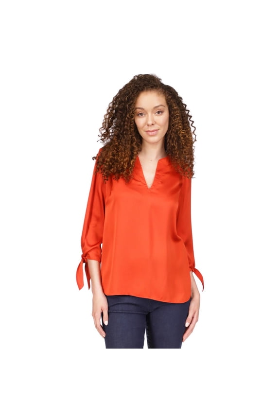 Womens Textured Satin Tie Wrist Pullover Blouse, Orange, Petite, PM