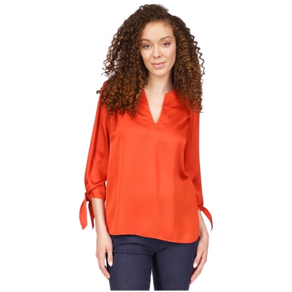 Michael Kors Womens Textured Satin Tie Wrist Pullover Blouse, Orange, Petite, PP/PXS