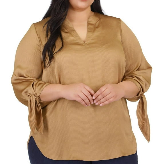 Michael Kors Womens Tie Cuff Pullover Blouse, Brown, Plus Size, 1X