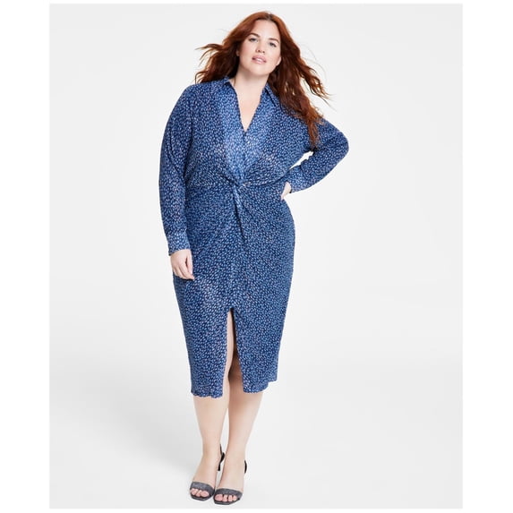 Michael Kors Womens Twist Front Midi Dress, Blue, Plus Size, 3X