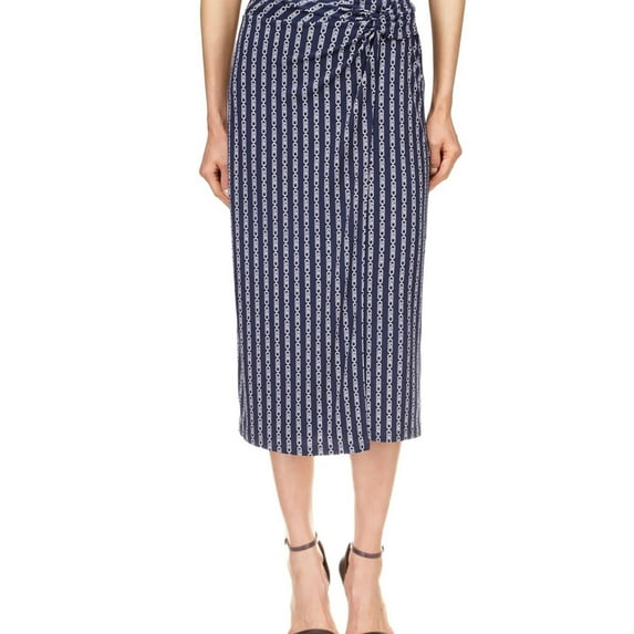 Michael Kors Womens Twist Front Chain Print Midi Skirt, Blue, Medium