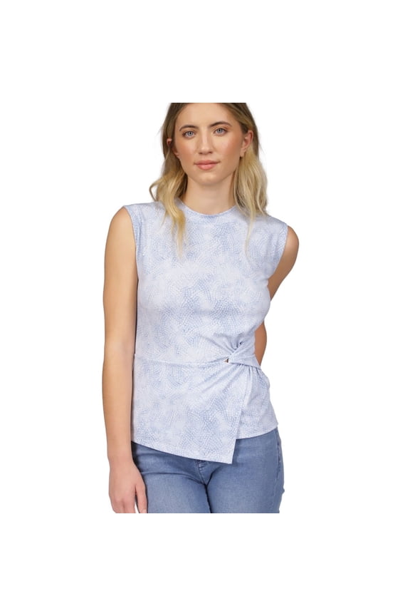 Womens Twist-Front Sleeveless Blouse Top, Blue, Petite, PXL