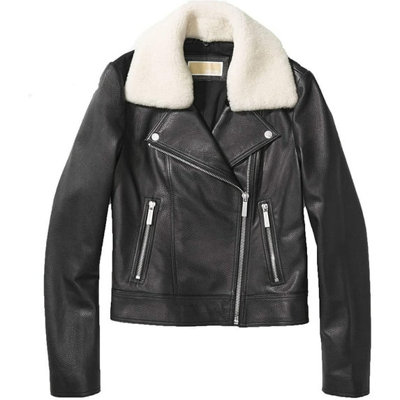 Michael Michael Kors Black Leather Jacket with Shearling Collar (XL)