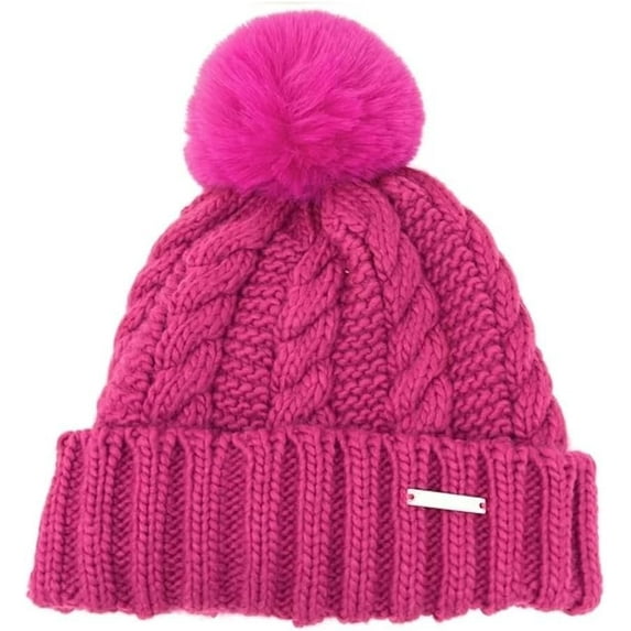 Michael Michael Kors Deep Fuchisa Womens Cable Knit Teddy Fleece Faux Fur Pom Pom Beanie Hat Deep Fuchisa