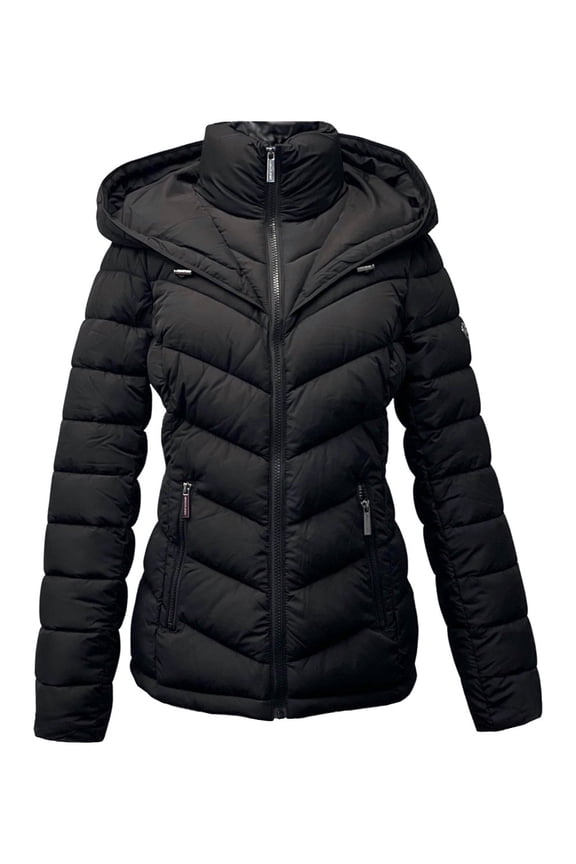 Hooded Packable Down Puffer Jacket Coat Zip Front Black - L