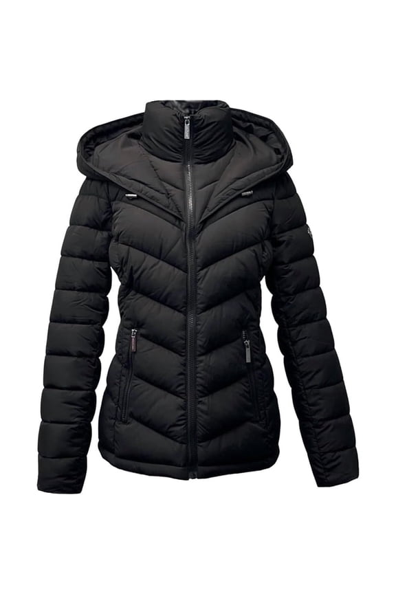 Hooded Packable Down Puffer Jacket Coat Zip Front Black - XXL