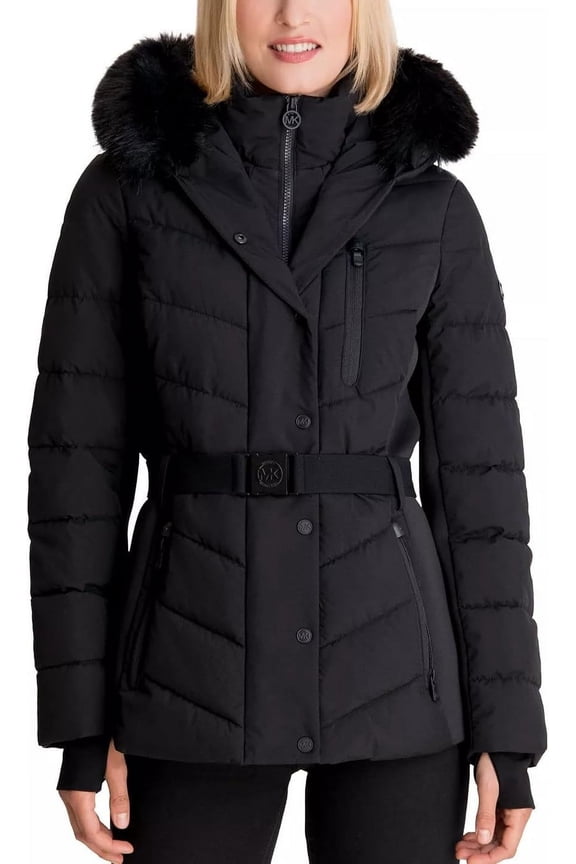 MICHAEL KORS Women's Faux Fur Hooded Puffer Scuba Belted Coat Jacket (as1, alpha, x_l, regular, XL) Black