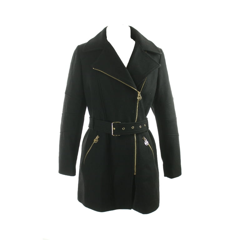 Michael Michael Kors Petite Black Zip Up Belted Wool Coat PM Walmart