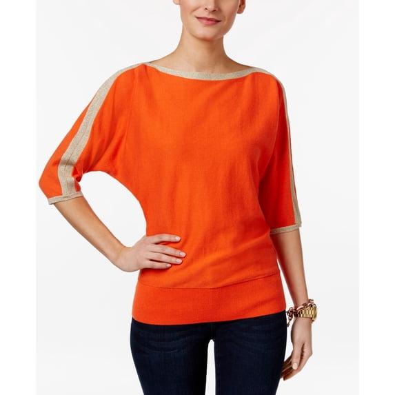 Michael Michael Kors Petite Cotton Metallic Trim Dolman Sleeve Sweater Mandarin PS