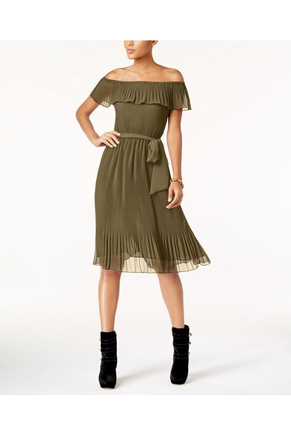 Pleated Off The Shoulder Dress Safari Green XL