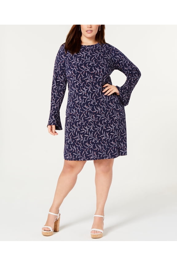 Plus Size Printed Bell Sleeve Sheath Dress True Navy 2X