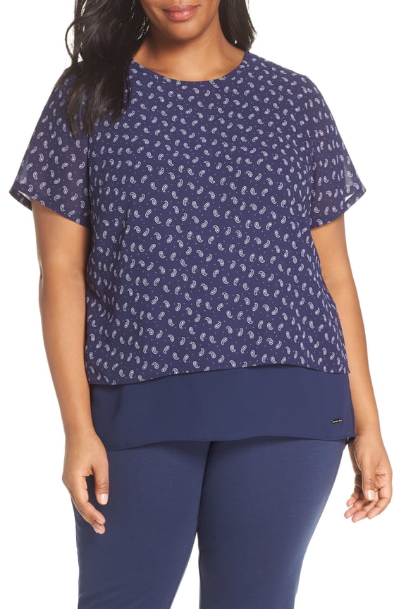 Michael Michael Kors Plus Size Printed Layered Look Top True Navy/White 1X