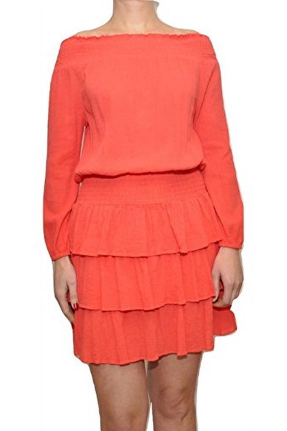 Ruffled Cotton Off-The-Shoulder Tiered Dress, Sangria, Small