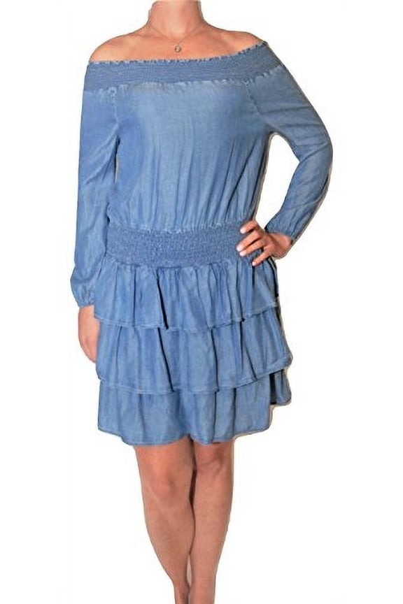 Ruffled Off-The-Shoulder Tiered Dress, Light Cadet Wash (X-Small) Blue