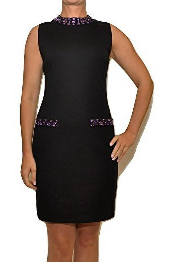Sleeveless Jeweled Jersey LBD Dress (Black/Iris, Small)