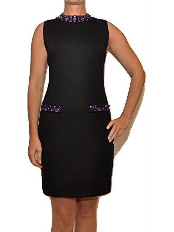 Sleeveless Jeweled Jersey LBD Dress (Black/Iris, Small)