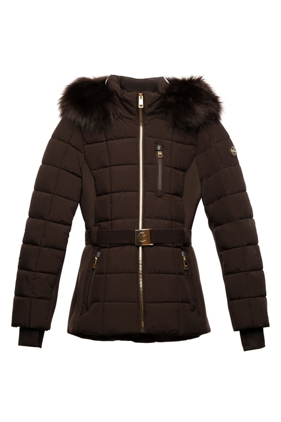 Michael Michael Kors Women's Active Belted Mix Media Jacket (Chocolate, L)