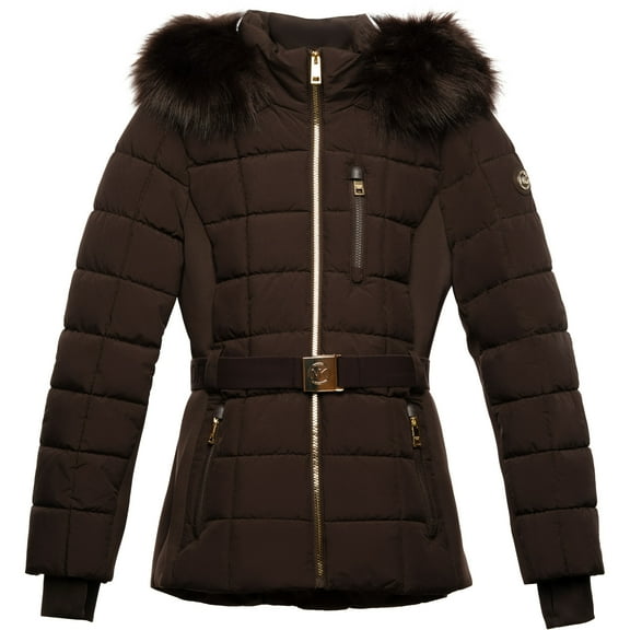 Michael Michael Kors Women's Active Belted Mix Media Jacket (Chocolate, XXL)