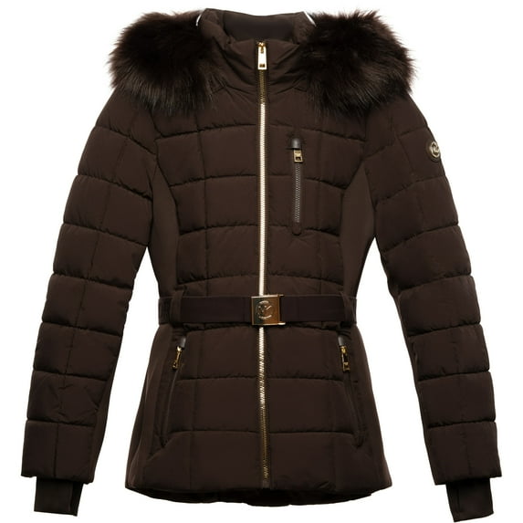 Michael Michael Kors Women's Active Belted Mix Media Jacket (Chocolate, XXXL)