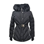 MICHAEL MICHAEL KORS Women's Black Belted Down Chevron Scutab Stretch Quilted Coat Jacket with Faux Fur