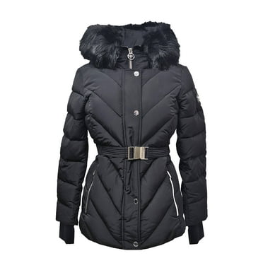 Michael Michael Kors Women's Black Belted Down Chevron Scutab Stretch Quilted Coat Jacket with Faux Fur