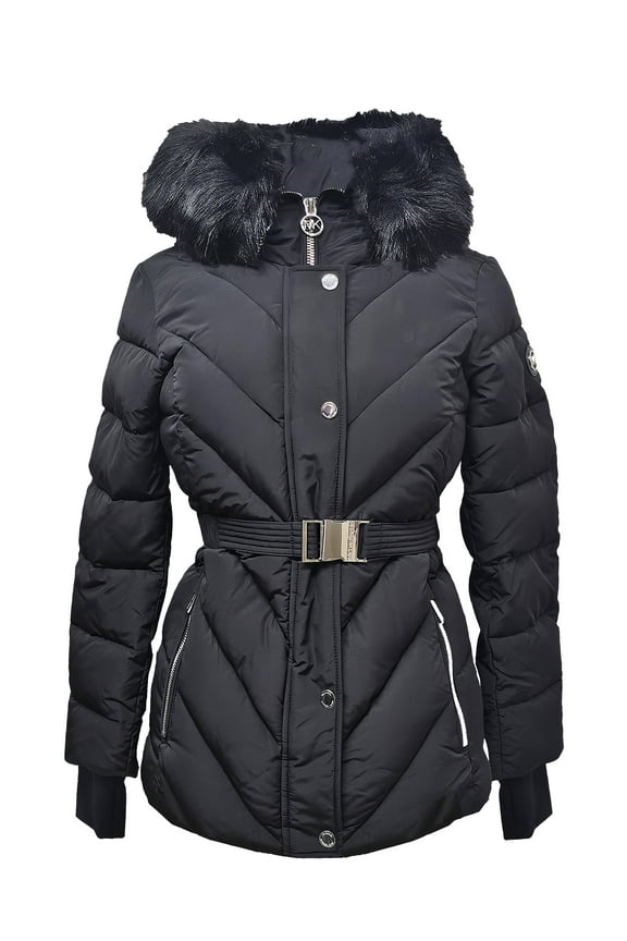 Women's Black Belted Down Chevron Scutab Stretch Quilted Coat Jacket with Faux Fur