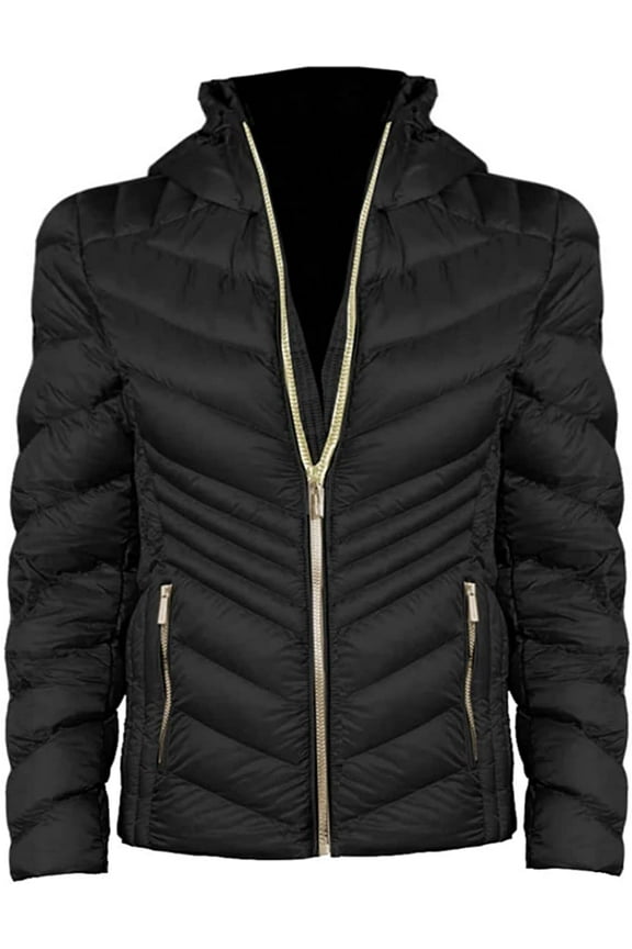 Women's Black Chevron Double Layer Zipper 3/4 Hooded Packable Coat