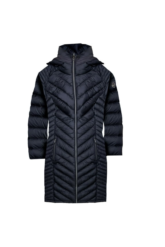 Women's Black Chevron Double Layer Zipper 3/4 Hooded Packable Coat