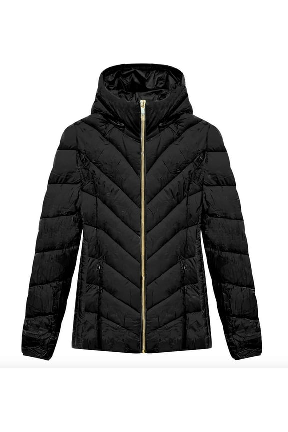 Women's Black Chevron Quilted Short Packable Jacket Coat, S