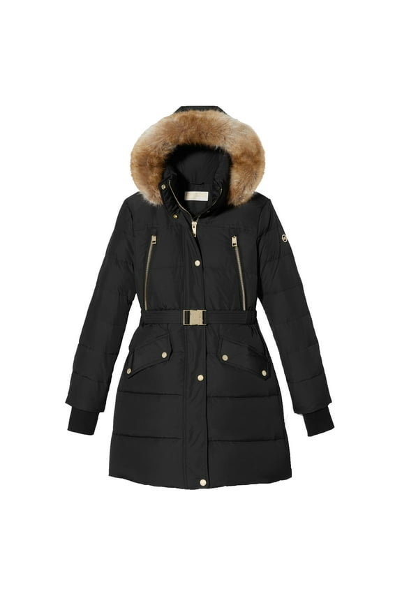 Michael Michael Kors Women's Black Down Belted Puffer Coat 3/4 Length